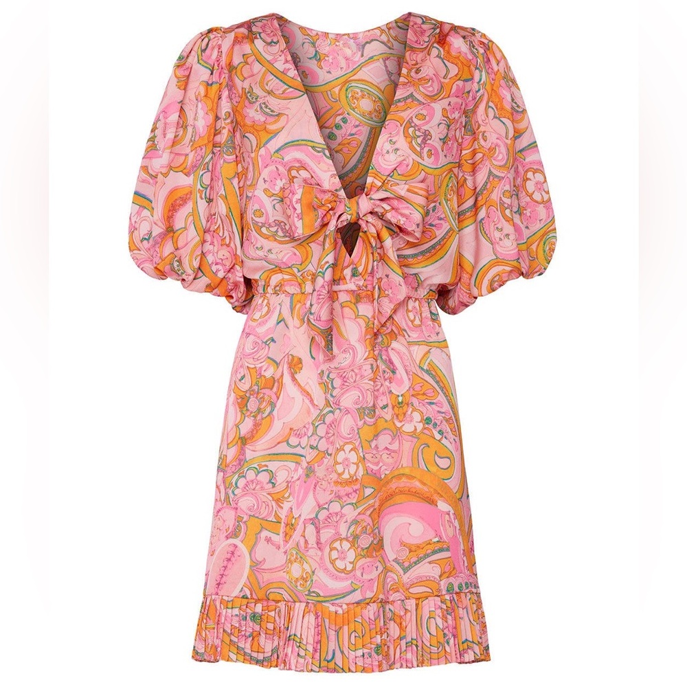 Delfi Collective Pink Sage Floral Dress Boho Puff Sleeve Mini Cocktail Size S